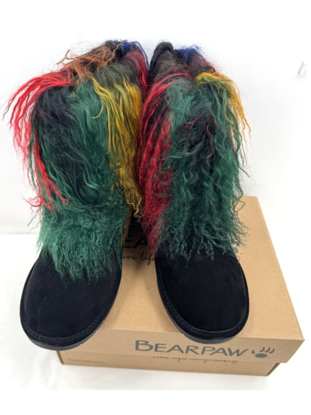 NWT Bearpaw Boo Rasta Tie Dye Shearling Wool Curly Lamb Fur Boots Women's Sz 12